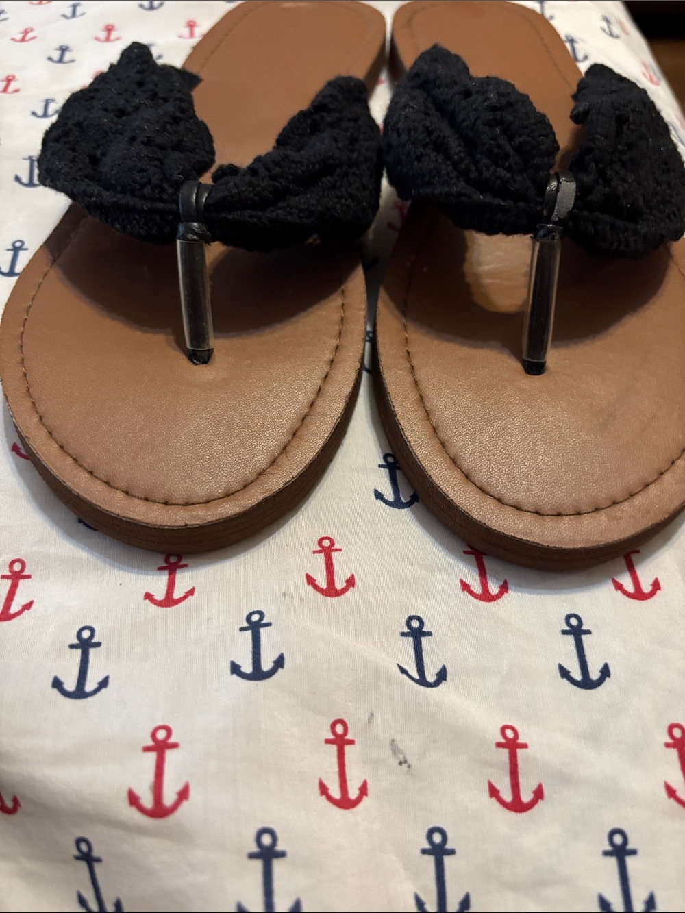 Women’s Black Crochet Thong Sandals - Casual Tan Footbed